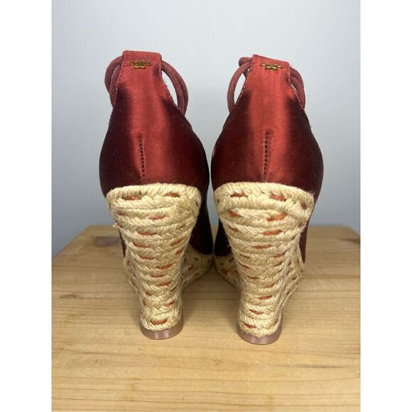 Tory Burch Women's High Heels Wedge Espadrilles Pompoms Satin Merlot Shoes 5.5 - Picture 5 of 12